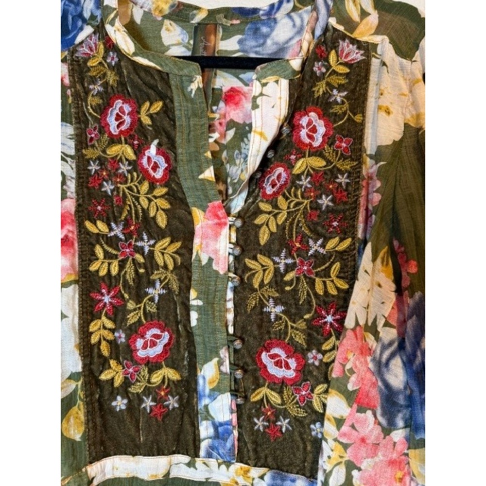 Aratta Silent Journey Floral Velvet Trim Embroidered 3/4 Button Top XL Olive - Picture 6 of 7